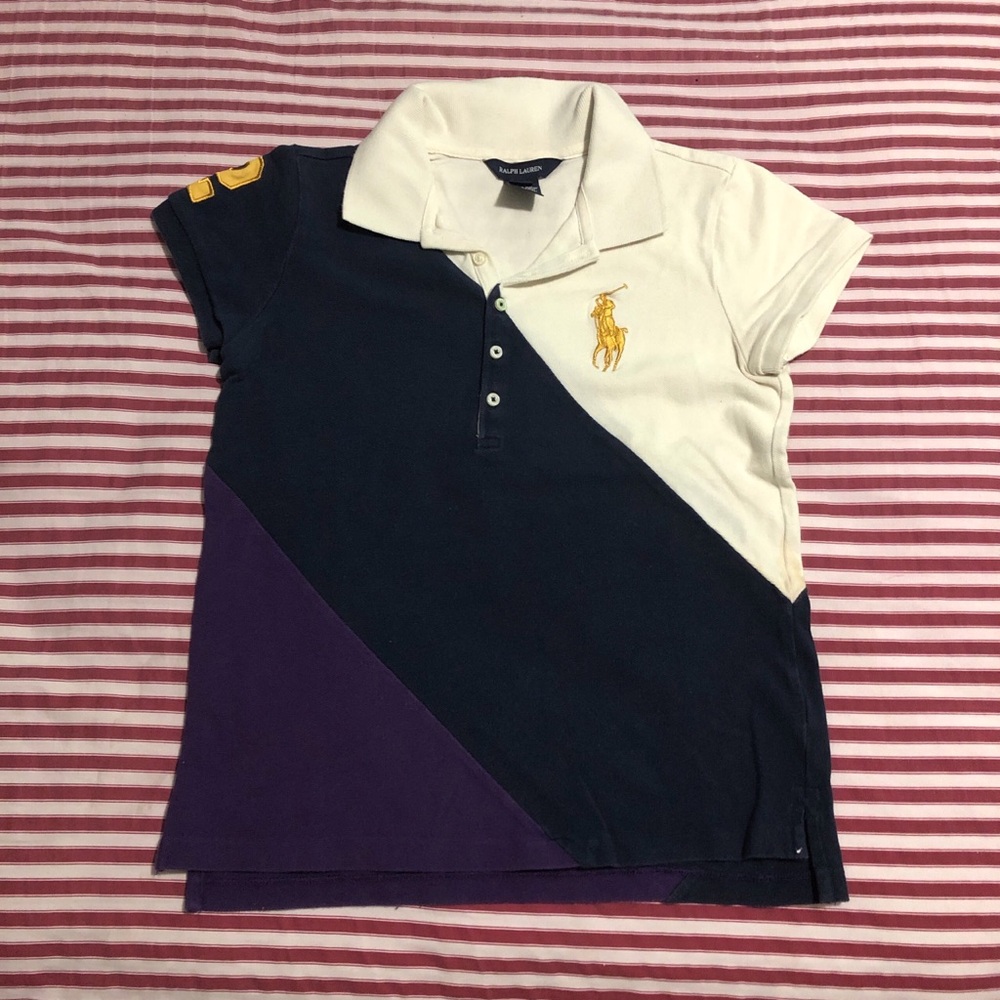 Ralph Lauren Girls Youth Diagonal Colorblock Polo in Navy, White & Purple